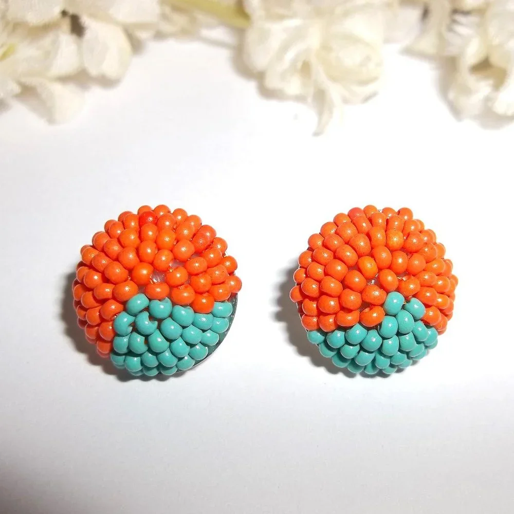 Colorful Earrings Post Stud Beaded Bright Orange and Turquoise Blue Jewelry A821